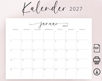 Kalender 2027 Kalender English Minimalistischer Deutscher Kalender 2027 Printable Planner in Deutsch PDF Schreibtischplaner A3 A4 Deutschland Wandkalender