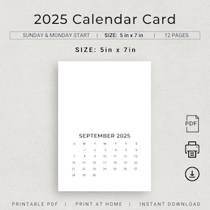 Small 2025 Monthly Calendar 5x7 in 2025 Calendar Card PRINTABLE PDF Minimalist Calendar 5x7 inch DIY Calendar 2025 Minimal Planner Portrait