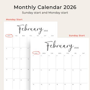 Printable 2026 Calendar 2026 Monthly Planner PDF Vertical Elegant Wall Calendar Sunday & Monday Start 2025 A4 Letter Size Desk Calendar 2026