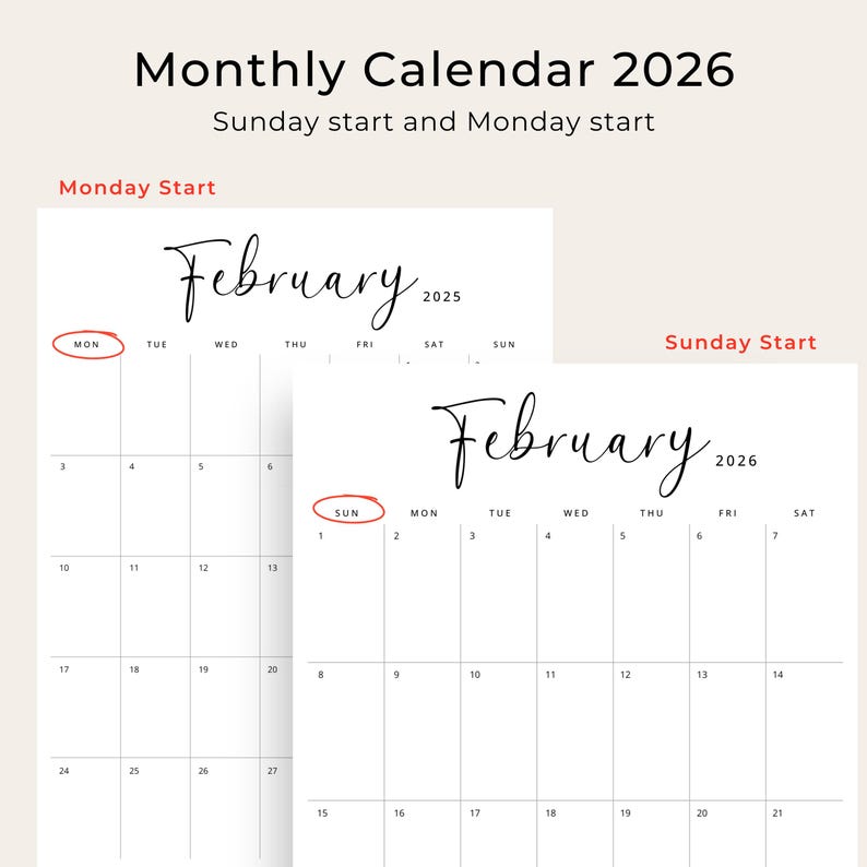 Printable 2026 Calendar 2026 Monthly Planner PDF Vertical Elegant Wall Calendar Sunday & Monday Start 2025 A4 Letter Size Desk Calendar 2026