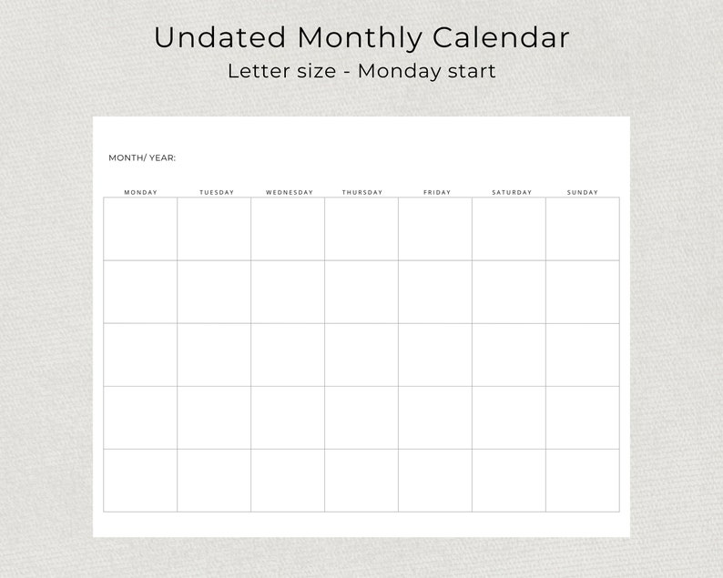 Blank Monthly Calendar Undated Monthly Planner Minimalist Blank Calendar Landscape Sunday Start Monday Start A4 Letter Size PRINTABLE PDF