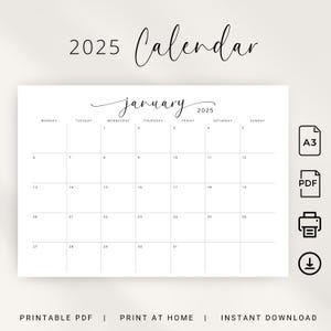 A3 2025 Calendar 2025 Planner A3 Landscape Monthly Calendar 2025 Wall Calendar Horizontal A3 PRINTABLE A3 Sunday Start Monday Start Elegant