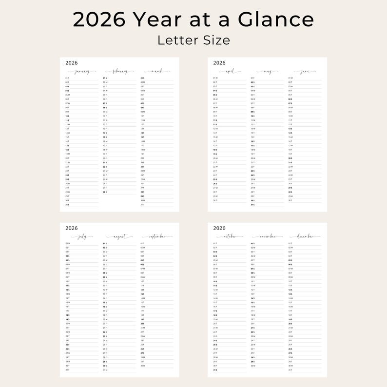 2026 Yearly Planner 2026 Year at a Glance Calendar 3 Months Per Page 2026 Yearly Overview Calendar Portrait Elegant PRINTABLE PDF Download