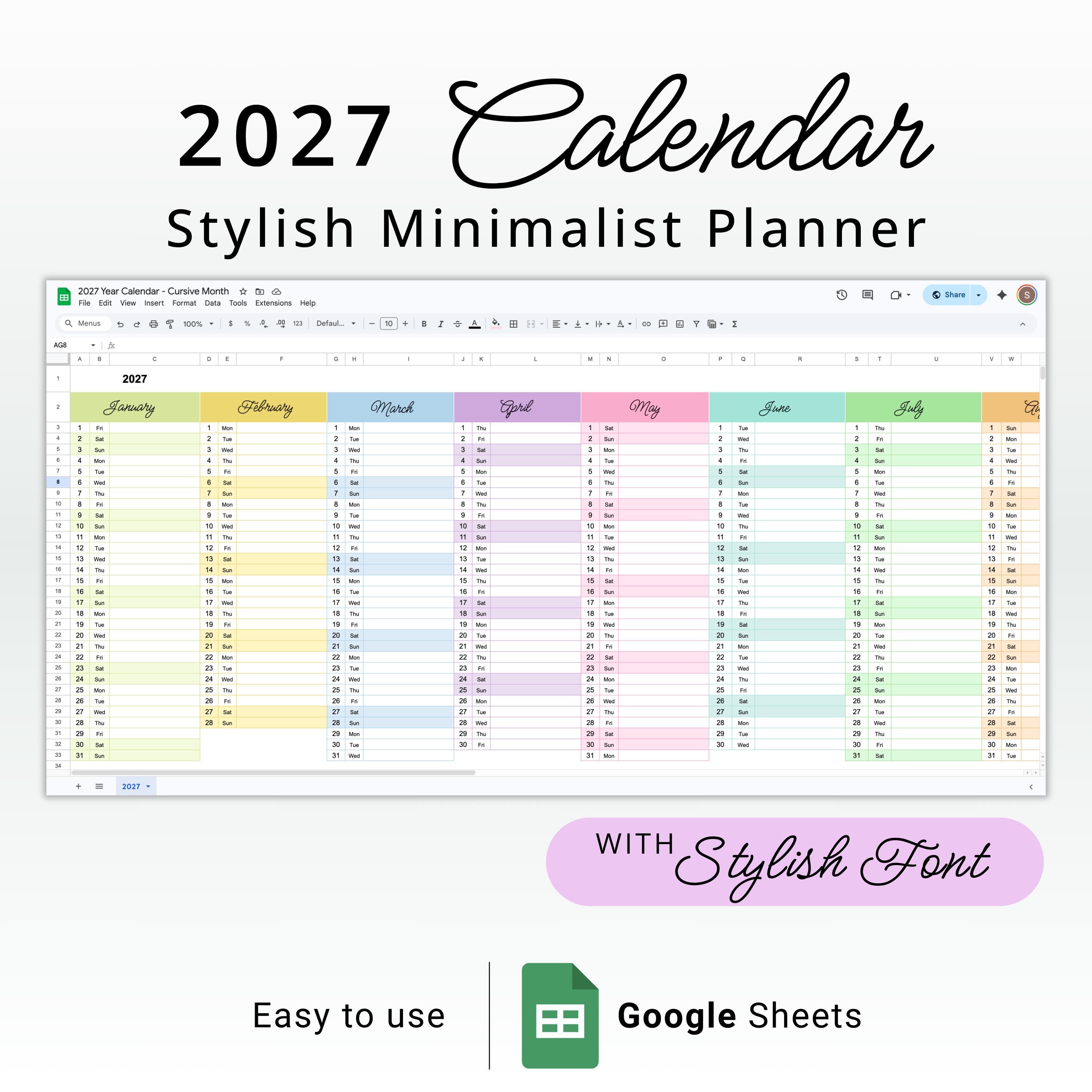2027 Calendar Google Sheets Template Editable Monthly Digital Planner