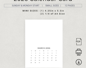 Calendario pequeño minimalista 2026, mini calendario mensual A6, formato vertical, imprimible en PDF, calendario DIY 2026, 4,25 x 5,5 pulgadas, planificador de escritorio, 1/4 de A4