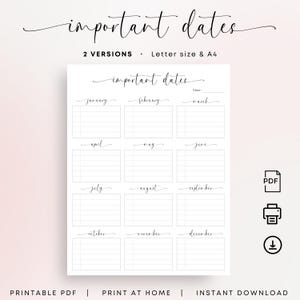 Rastreador de fechas importantes, recordatorio de fechas especiales, imprimible, planificador familiar de cumpleaños y aniversario, PDF, tamaño carta A4, registro de citas elegante