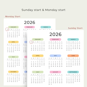 2026 Yearly Calendar 2026 Calendar Printable 2026 Wall Calendar PortraitA3 A4 US Letter Color Desk Planner 2026 PDF Sunday & Monday Start
