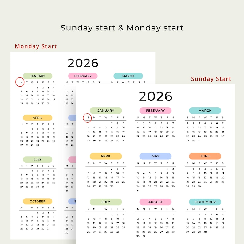 2026 Yearly Calendar 2026 Calendar Printable 2026 Wall Calendar PortraitA3 A4 US Letter Color Desk Planner 2026 PDF Sunday & Monday Start