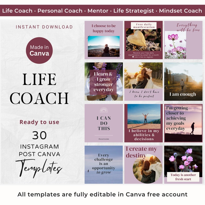 30 Life Coach Instagram Post Canva Template Mindset Coach Purple Social ...