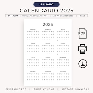 Calendario 2025 Calendario Annuale 2025 Calendario in Italiano 2025 PRINTABLE Italian Calendar Portrait 2025 A3 A4 Letter Wall Calendar PDF