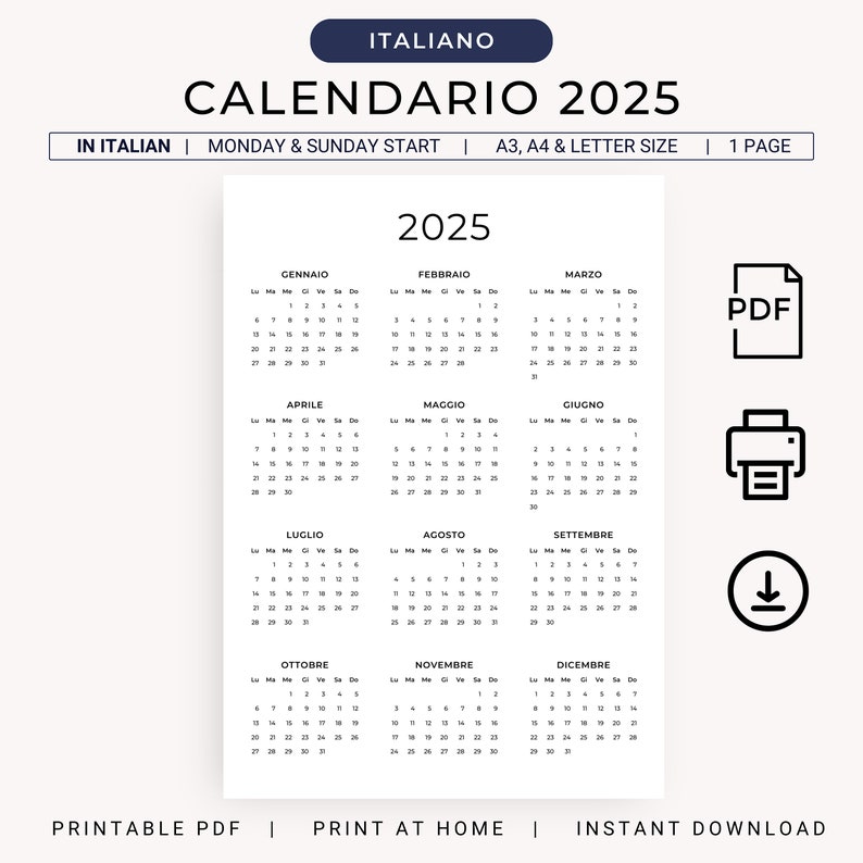 Calendario 2025 Calendario Annuale 2025 Calendario in Italiano 2025 PRINTABLE Italian Calendar