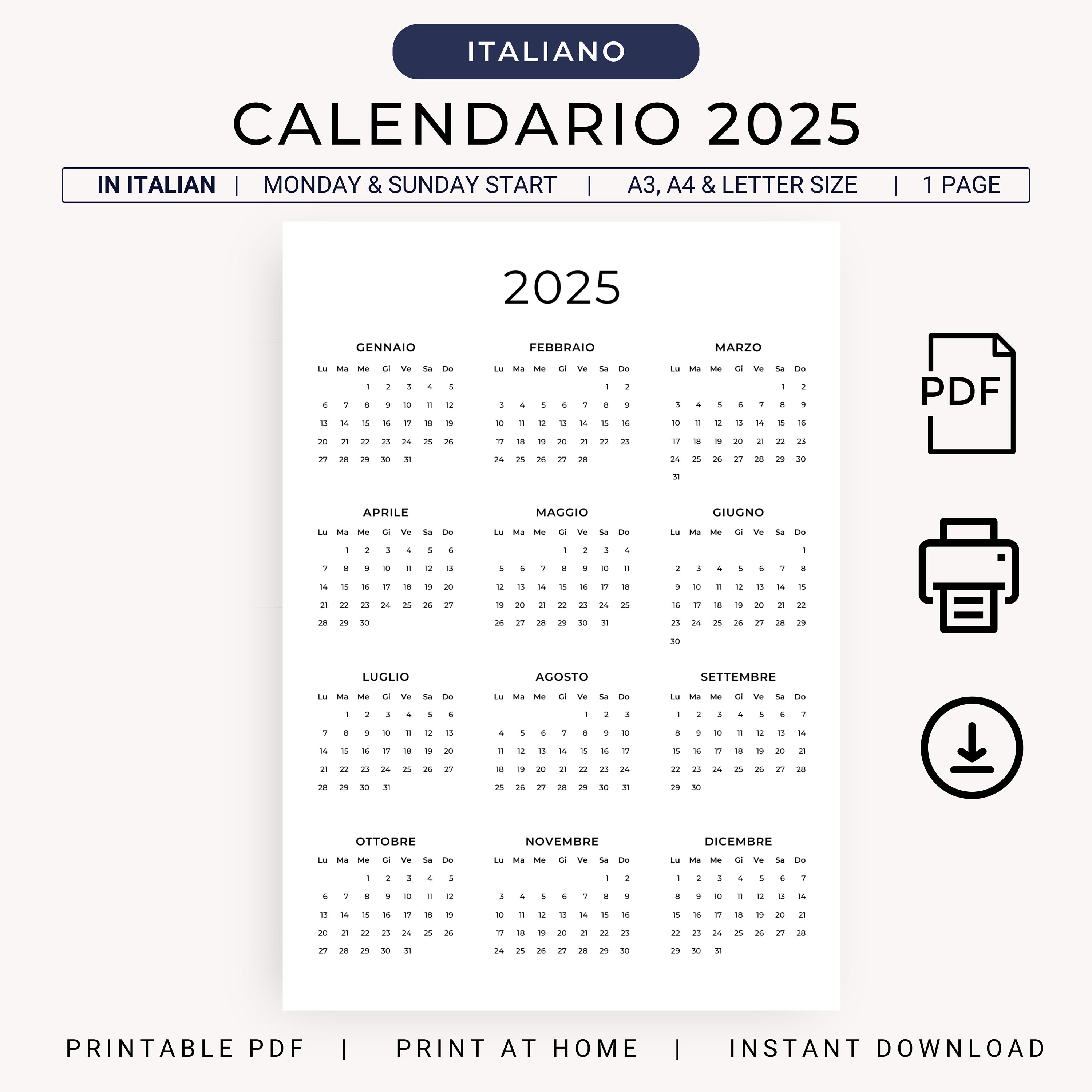 Calendario 2025 Calendario Annuale 2025 Calendario in Italiano 2025 PRINTABLE Italian Calendar Portrait 2025 A3 A4 Letter Wall Calendar PDF