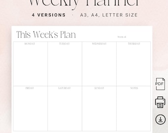 Printable Weekly Planner Weekly Agenda PDF Week At A Glance Minimalist Weekly Organizers Stylish To-Do Planner Weekly Organizer A3 A4 Letter