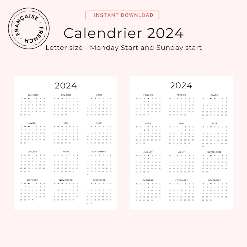 2024 Calendrier 2024 French Calendar 2024 Yearly Calendar French PDF Calendar 2024 PRINTABLE A3 A4 Letter 2024 Calendrier Annuel PDF 2024