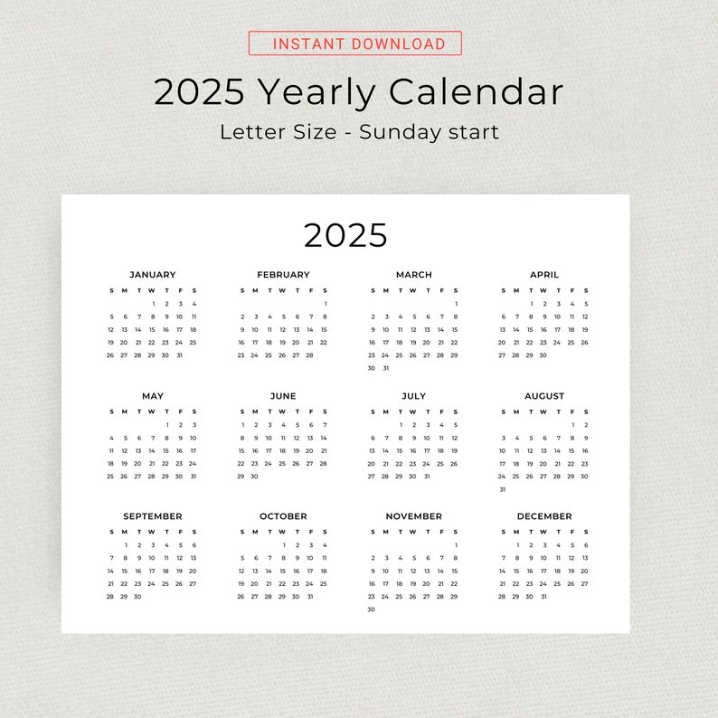 2025 Yearly Calendar 2025 Wall Calendar Printable Calendar Landscape 2025 Year Minimalist