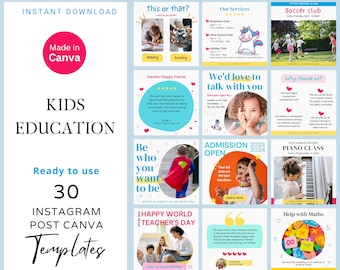 30 Kids Education & Daycare Instagram Canva Template,  Preschool Kindergarten Social Media, Holiday Club School Marketing, School Instagram