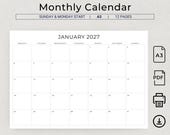 A3 2027 Calendar 2027 Planner A3 Landscape Minimalist Wall Calendar PRINTABLE PDF Instant Download Monthly Agenda Monday Start Sunday Start