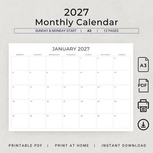 Puede incluir: Calendario mensual 2027 blanco, con inicio en domingo y lunes. El calendario es de tamaño A3 y tiene 12 páginas. Se muestra el calendario de enero de 2027 con los días y las fechas.