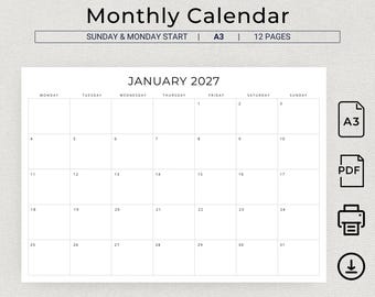 以下が含まれることがあります： 日曜と月曜始まりの白い2027年カレンダー。カレンダーはA3サイズで12ページ。2027年1月のカレンダーは、曜日と日付が表示されています。