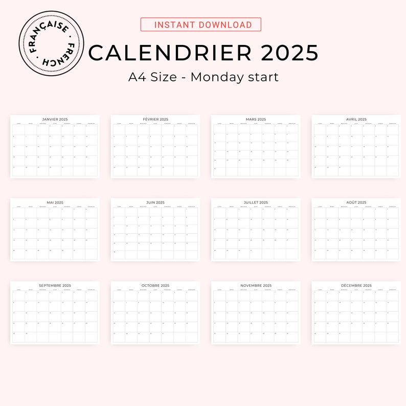2025 Calendrier Français 2025 French Calendar 2025 Monthly Calendar in French 2025 PRINTABLE