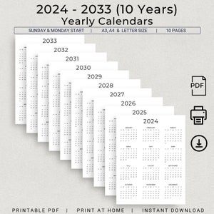 2024 to 2033 Calendar 2024-2033 Yearly Calendar Printable 10 Years Wall Calendar Minimalist Annual Calendar PDF 10 Years A3 A4 Letter Size