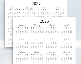 2026-2027年カレンダー（印刷可能、A4レターサイズ、ミニマリストPDF