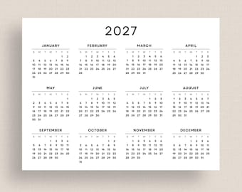 2027 Wall Calendar Easy to Read 2027 Yearly Calendar Minimalist Printable PDF Big Number Calendar Landscape A3 A4 Letter Size Download