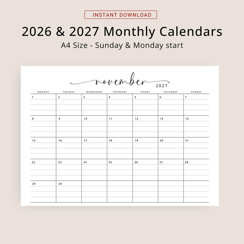 2026 2027 Calendar Lined 2026-2027 Monthly Planner With Lines Landscape ...