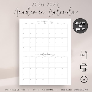 Può includere: Un calendario accademico 2026-2027 in formato PDF stampabile con griglie mensili per agosto e settembre 2026. Il documento include un badge circolare nero con la scritta AUG 26 TO JUL 27, oltre a icone PDF, stampante e download a lato.