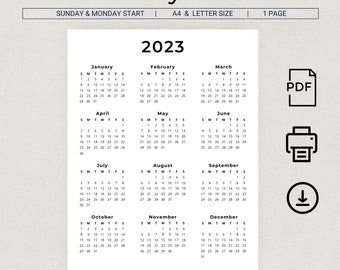 Calendrier annuel 2023 Calendrier mural imprimable d'une page Année 2023 en un coup d'œil PDF Format lettre A4 Lundi Début Dimanche Début Calendrier minimal