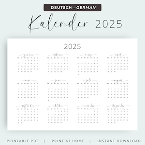 Calendario Alemán 2025 Calendario 2025 Calendario Anual en Alemán 2025 IMPRIMIBLE Calendario de Pared Alemania Horizontal A3 A4 Tamaño Carta Año 2025 PDF
