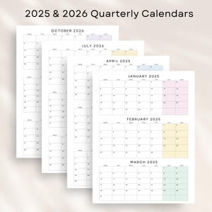 Calendario trimestral imprimible 2025-2026, planificador mensual de 2 años (PDF, 2025-2026), planificador minimalista de tres meses por página, tamaño carta A4 en tonos pastel.