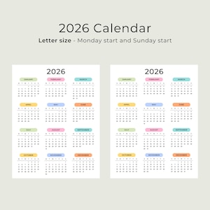2026 Yearly Calendar 2026 Calendar Printable 2026 Wall Calendar Portrait A3 A4 US Letter Color Desk Planner 2026 PDF Sunday & Monday Start