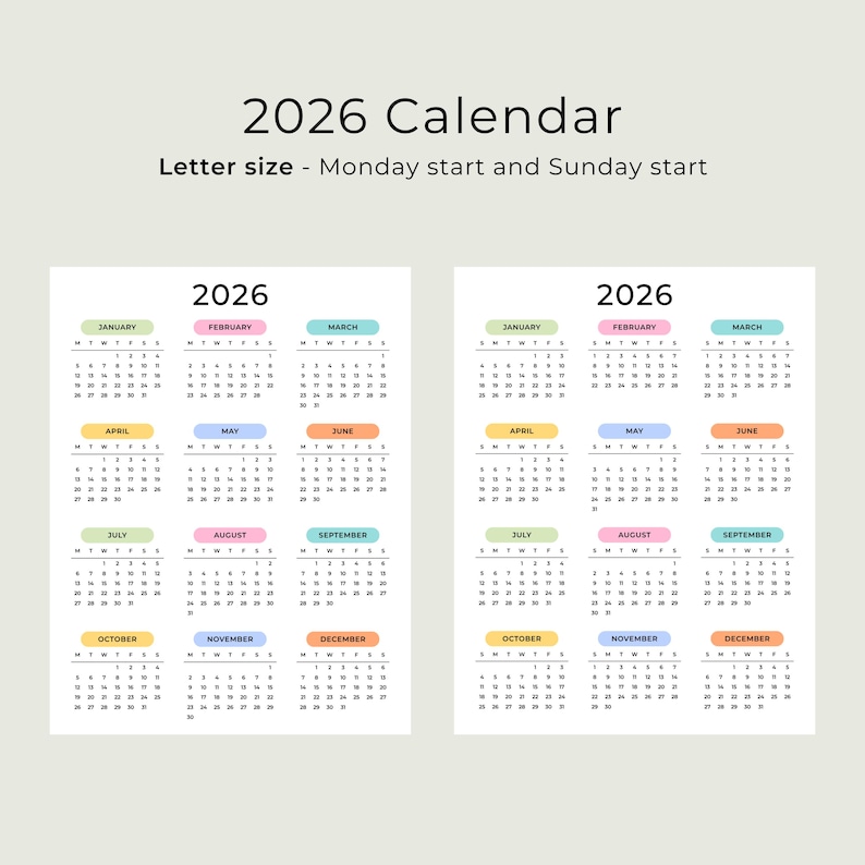 2026 Yearly Calendar 2026 Calendar Printable 2026 Wall Calendar Portrait A3 A4 US Letter Color Desk Planner 2026 PDF Sunday & Monday Start