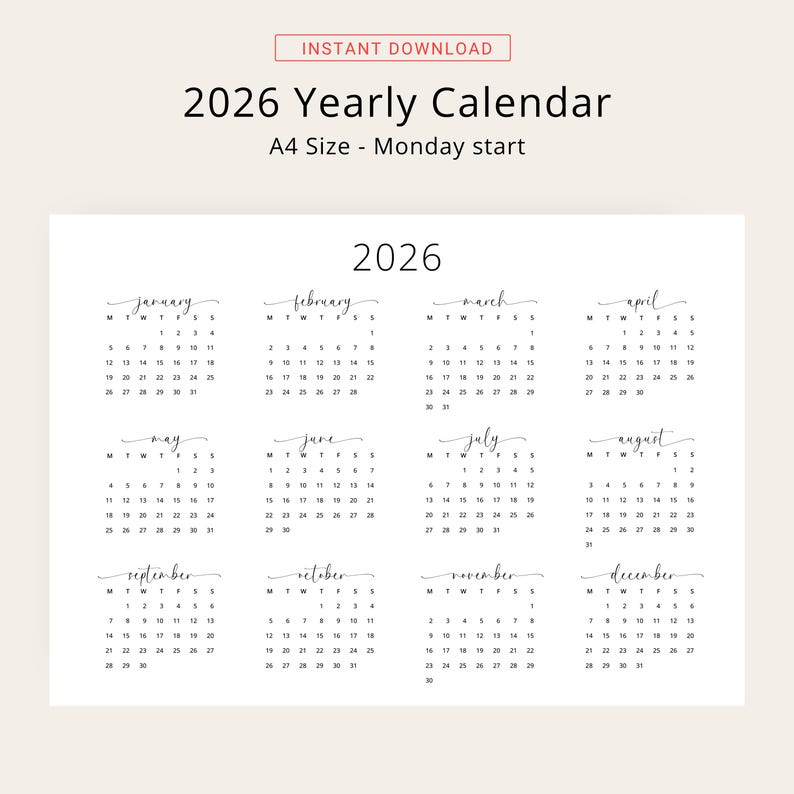 2026 Yearly Calendar 2026 Wall Calendar Landscape 2026 Calendar PRINTABLE 2026 Horizontal Year A3 A4 Letter Monday & Sunday Start Elegant