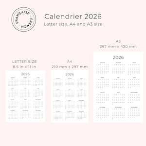 Calendrier 2026 Français 2026 Calendrier Annuel 2026 Imprimable Calendar in French 2026 PDF Yearly Calendar French PDF Vertical A3 A4 Letter