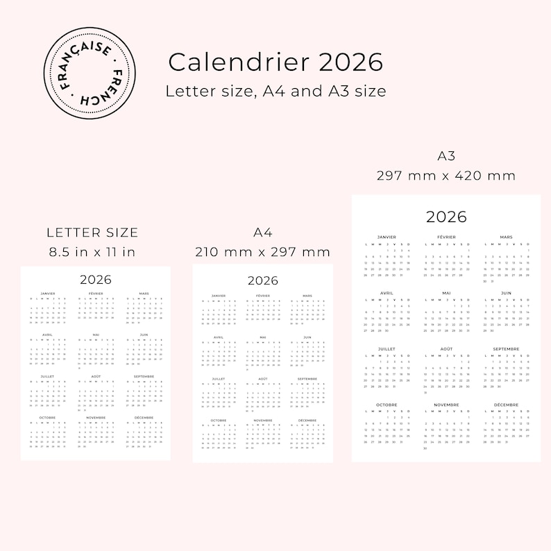 Calendrier 2026 Français 2026 Calendrier Annuel 2026 Imprimable Calendar in French 2026 PDF Yearly Calendar French PDF Vertical A3 A4 Letter