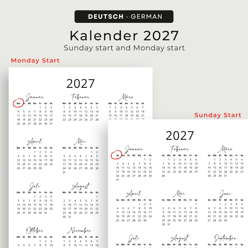 Kalender 2027 Kalender Deutsch Kalender zum Ausdrucken 2027 Deutschland PRINTABLE PDF Minimalist 2027 Calendar Portrait German A3 A4