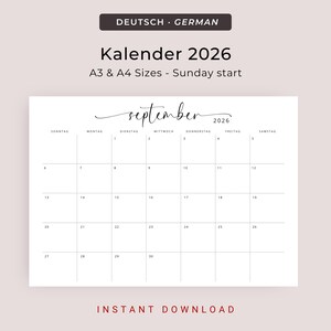 Kalender 2026 Kalender Deutsch Instant Download Printable 2026 Calendar in German PDF 2026 Desk Planner German A3 A4 Germany Wall Calendar