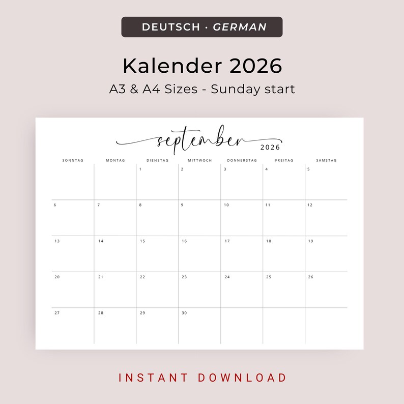 Kalender 2026 Kalender Deutsch Instant Download Printable 2026 Calendar in German PDF 2026 Desk Planner German A3 A4 Germany Wall Calendar