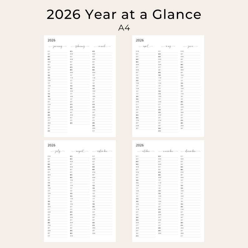 2026 Yearly Planner 2026 Year at a Glance Calendar 3 Months Per Page 2026 Yearly Overview Calendar Portrait Elegant PRINTABLE PDF Download