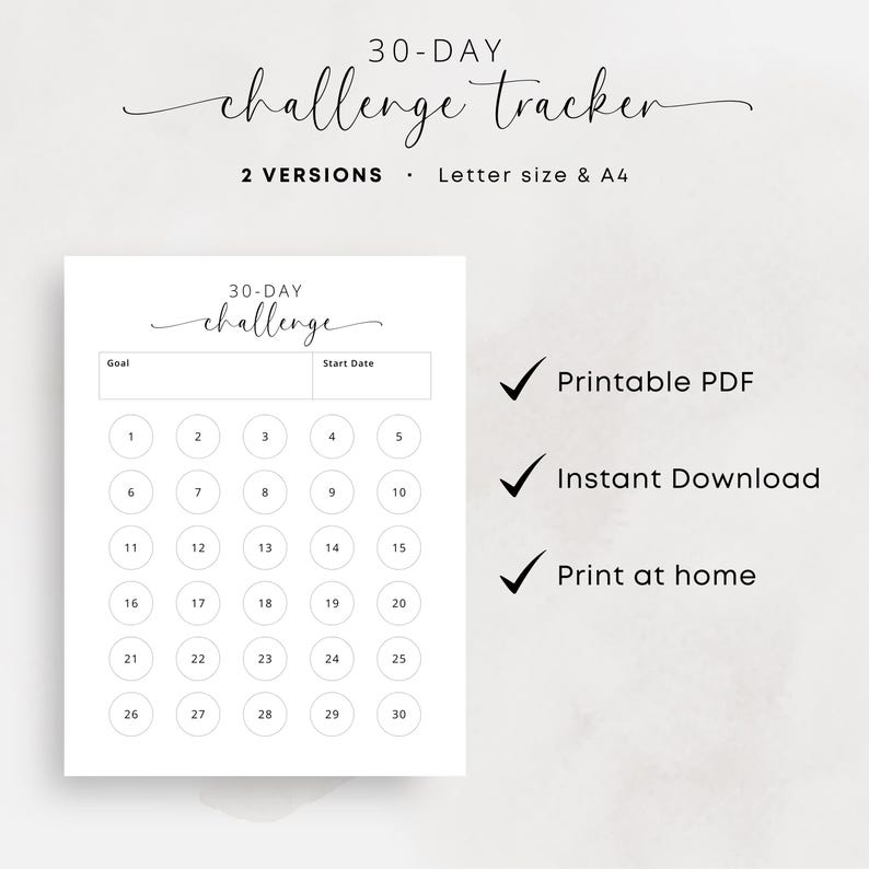 30-day Challenge Tracker Printable Goal Tracker Goal Setting Progress ...