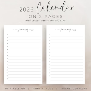 Planificador mensual 2026 Calendario 2026 Planificador de calendario de dos páginas Insertar Calendario minimalista 2026 Lista de tareas mensuales Tamaño A5 Media carta Vertical