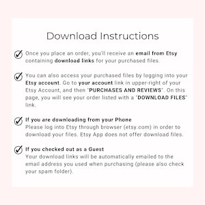 May include: A checklist of instructions for downloading digital files purchased from Etsy. The instructions cover downloading files from an Etsy account, downloading from a phone, and downloading as a guest.