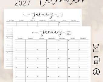 Könnte beinhalten: Weiße, druckbare Kalender für 2026 und 2027 mit Januar-Layouts. Die Kalender haben ein minimalistisches Design mit einem einfachen Rasterformat. Der Text "2026 & Calendars" steht oben. Der Text "Printable PDF | Print at Home | Instant Download" steht unten.