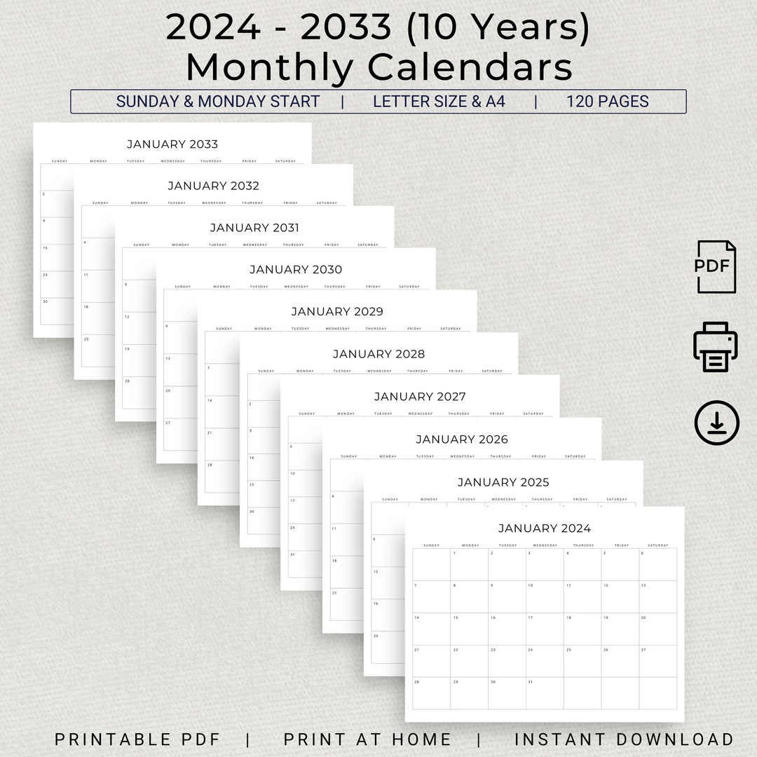 10 Years Calendar 2024 to 2033 Calendar PRINTABLE Landscape 10 Years Monthly Planner Letter Size