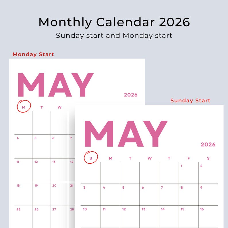 Minimalist 2026 Calendar 2026 Planner Portrait Printable PDF Wall Calendar Vertical Monthly Agenda A4 Letter Size Sunday & Monday Start