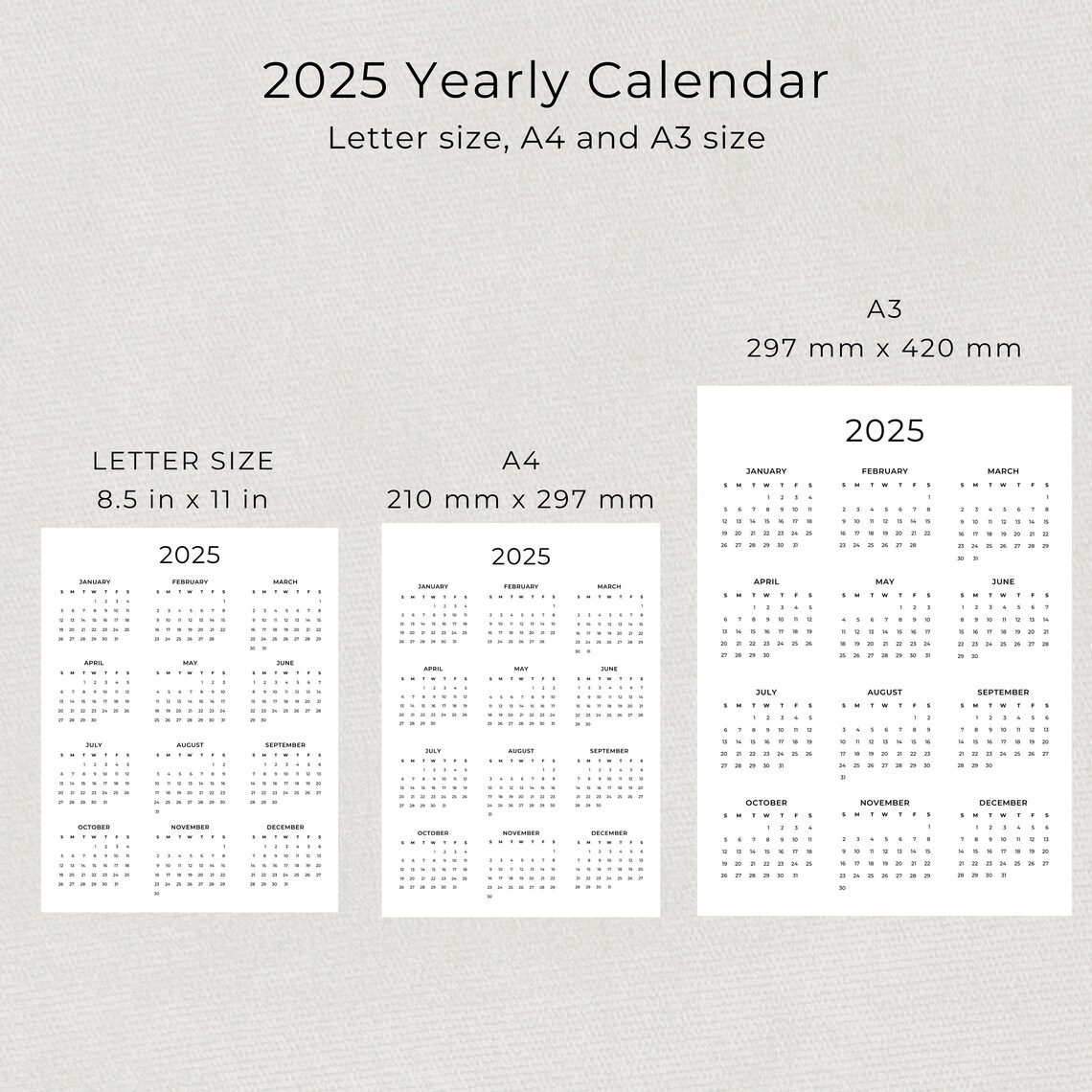 2025 Calendar 2025 Yearly Calendar Printable 2025 Wall Calendar 2025