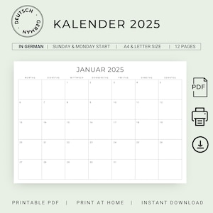 2025 Kalender 2025 Monatskalender Calendario Alemán 2025 Calendario Mensual IMPRIMIBLE en Alemán 2025 Planificador Mensual Mínimo Alemania Carta A4