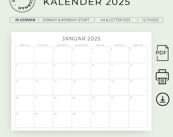 2025 Kalender 2025 Monatskalender Deutscher Kalender 2025 DRUCKBARE Monatskalender auf Deutsch 2025 Monatsplaner Minimal A4 Letter